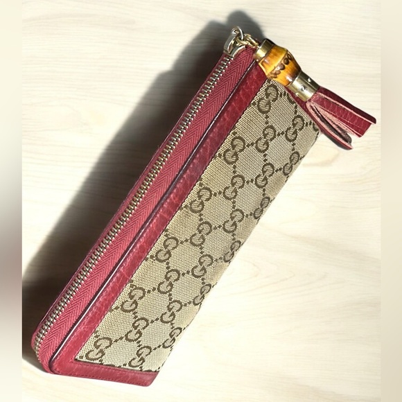 GUCCI GG Beige Logo Canvas Leather Red Bifold Zip Wallet Bamboo Leather tassels - Picture 12 of 15